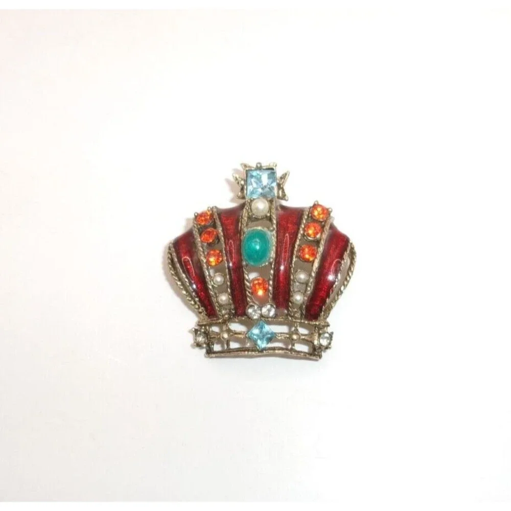 Vintage Royal Queen King Crown Brooch Multi-Color Rhinestone & Enamel Pin Red